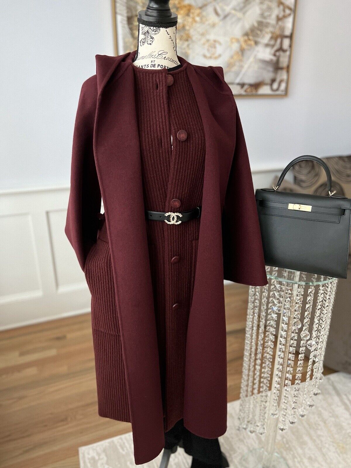 NEW Hermes Hooded Coat With Mesh Detail Runway FW23/34 Rouge Amarante 34 $10K