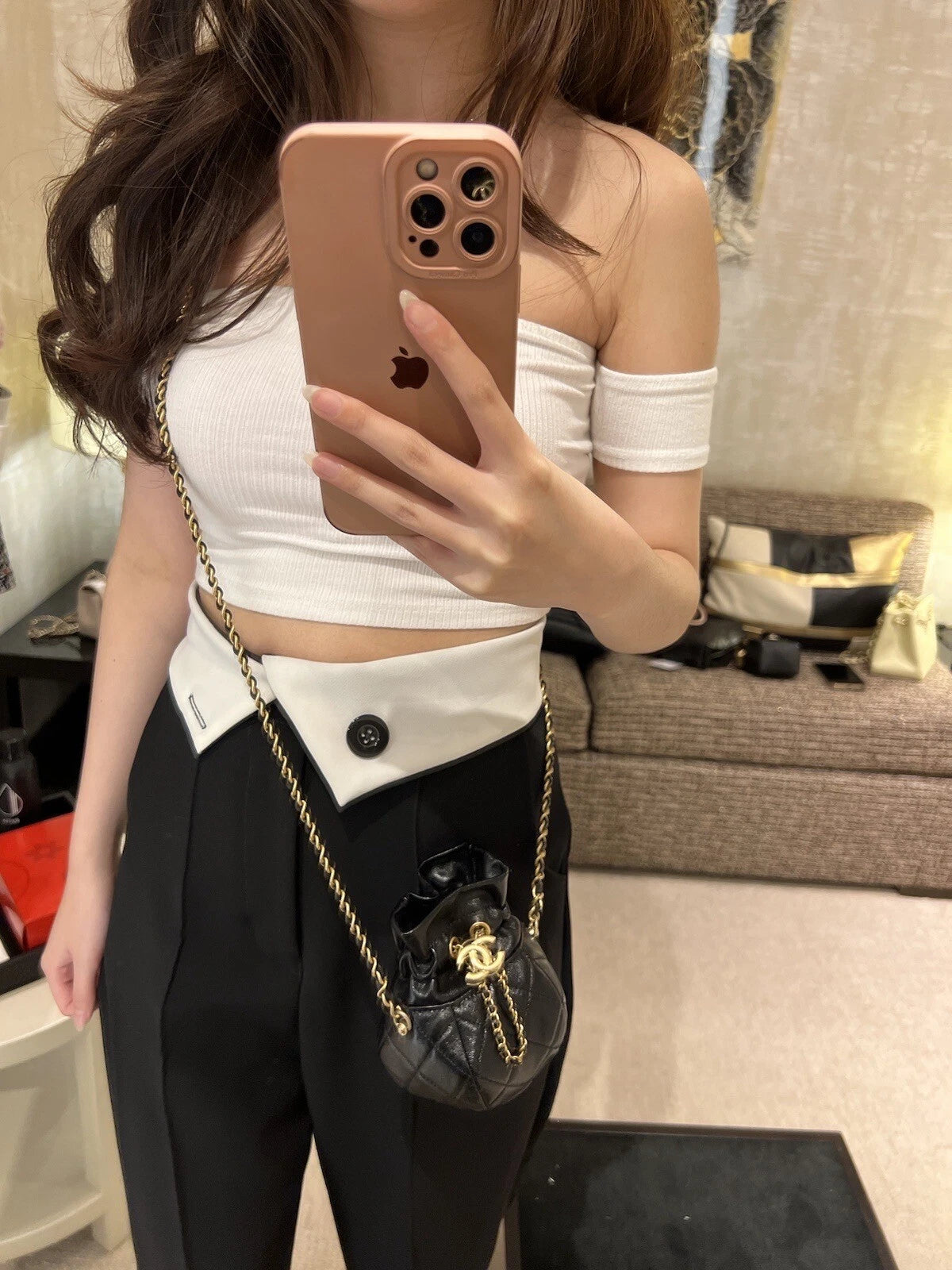 BNIB Chanel 23S Black Shiny Lambskin Clutch with Chain in Gold Hardware