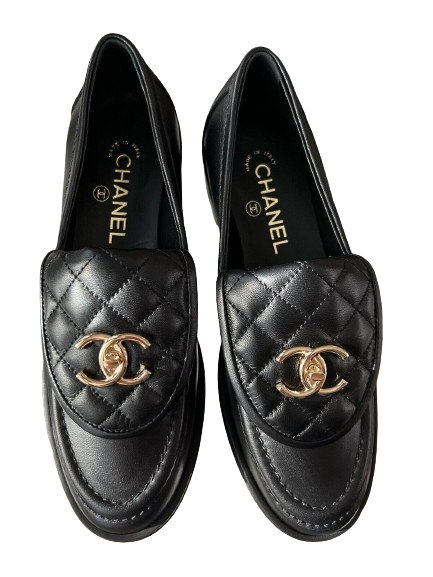 CHANEL Black Quilted Flap Turnlock Gold CC Logo Loafers Size 38