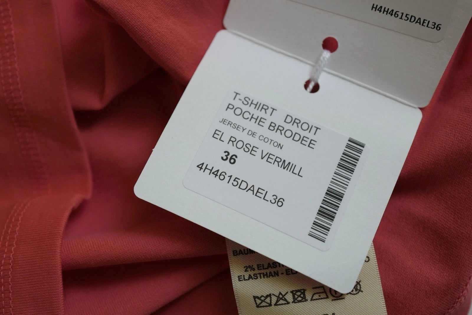 NEW Hermes Embroidered Pocket Straight T-shirt Vermillion Rose size 36