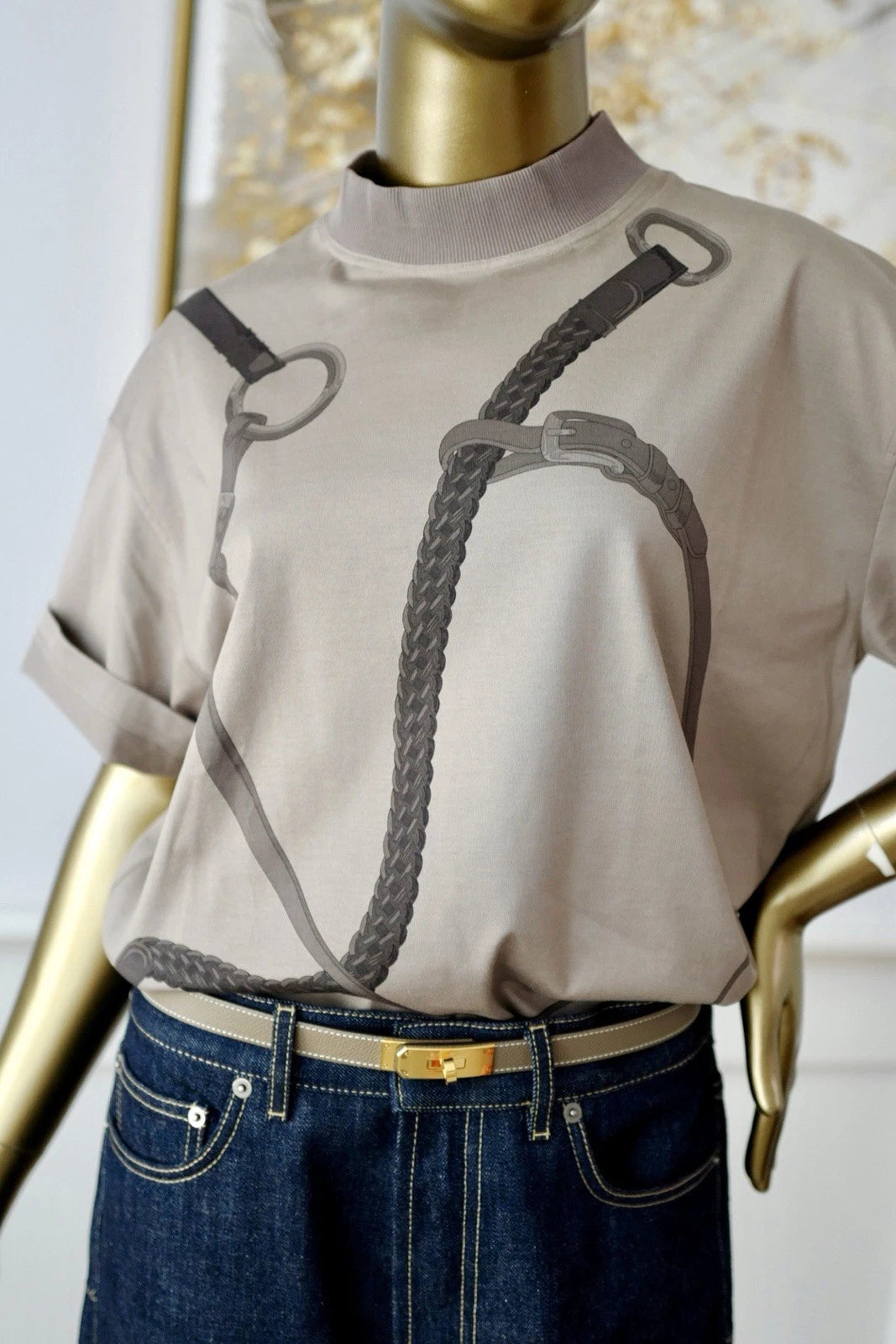 NEW Hermès "Coaching Remix" Boxy-fit T-shirt brun fumé - Size 36