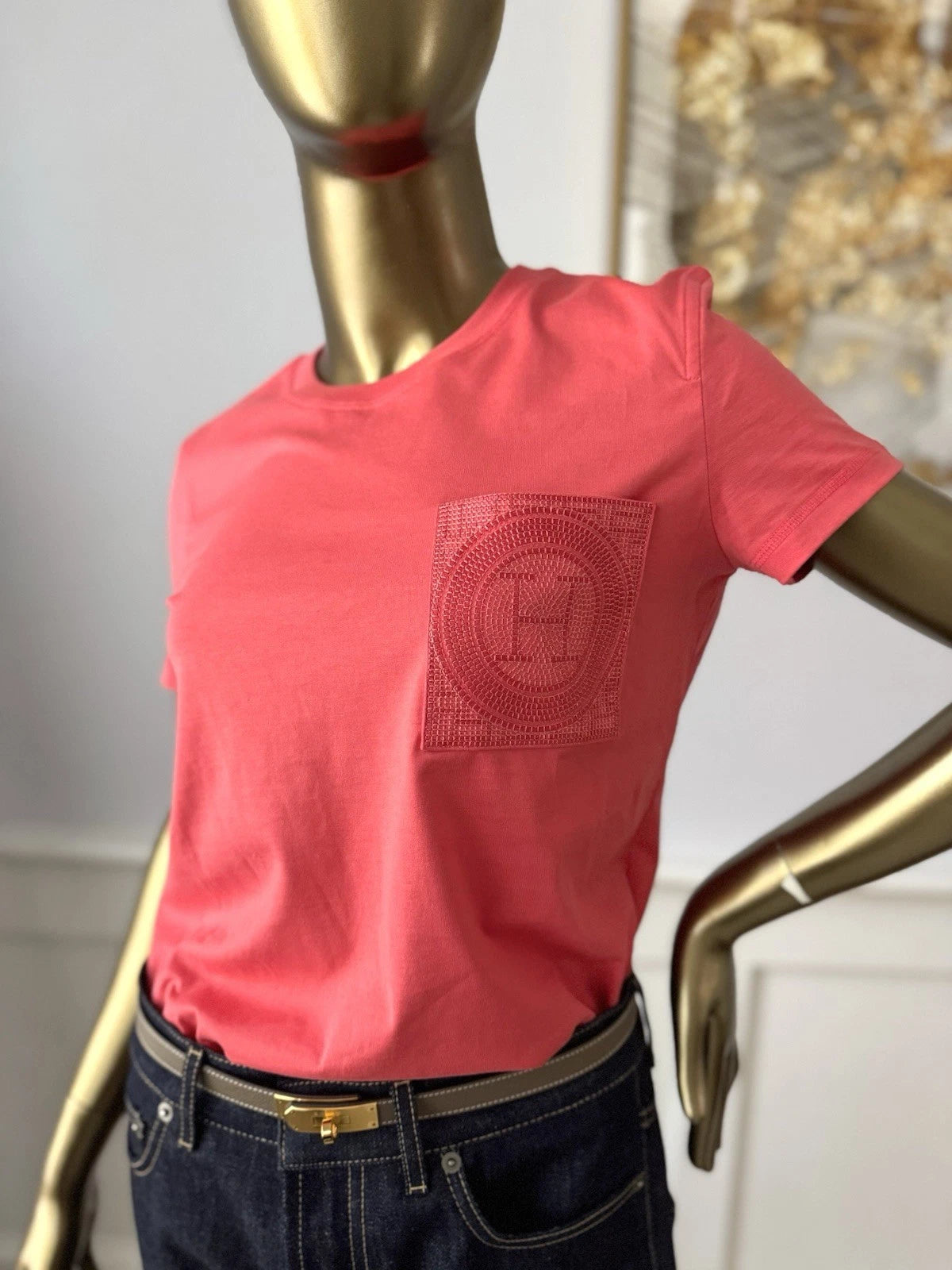 NEW Hermes Embroidered Pocket Straight T-shirt Vermillion Rose size 36