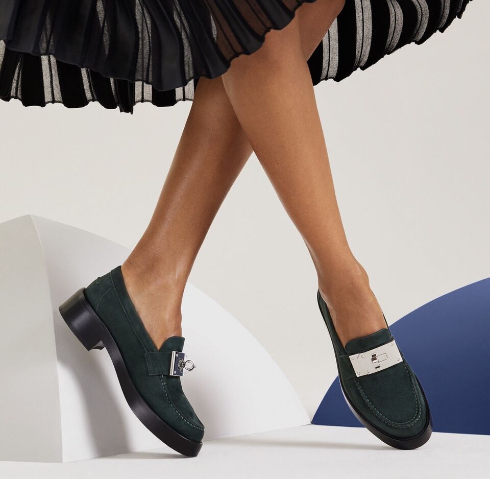 Hermes Hot Loafer In Vert Fonce With Oversized Kelly Buckle 38 BNIB $2K Retail