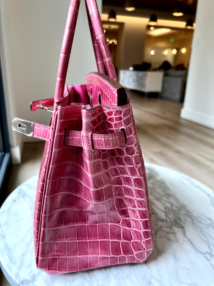 Hermes Birkin 30 Rose Pink Tyrien Shiny Niloticus Palladium Hardware Complete