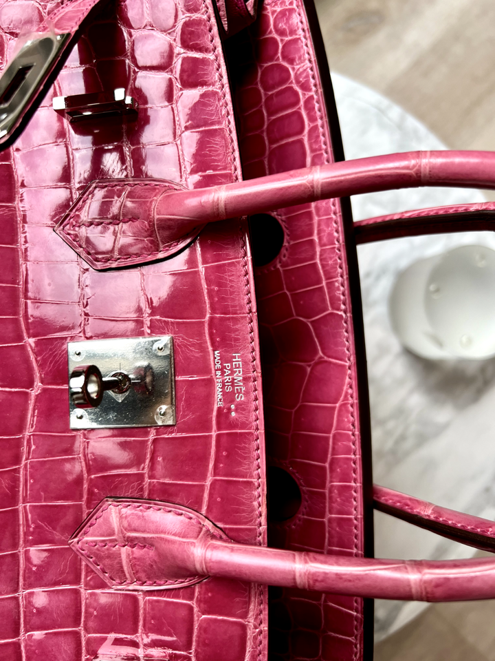 Hermes Birkin 30 Rose Pink Tyrien Shiny Niloticus Palladium Hardware Complete