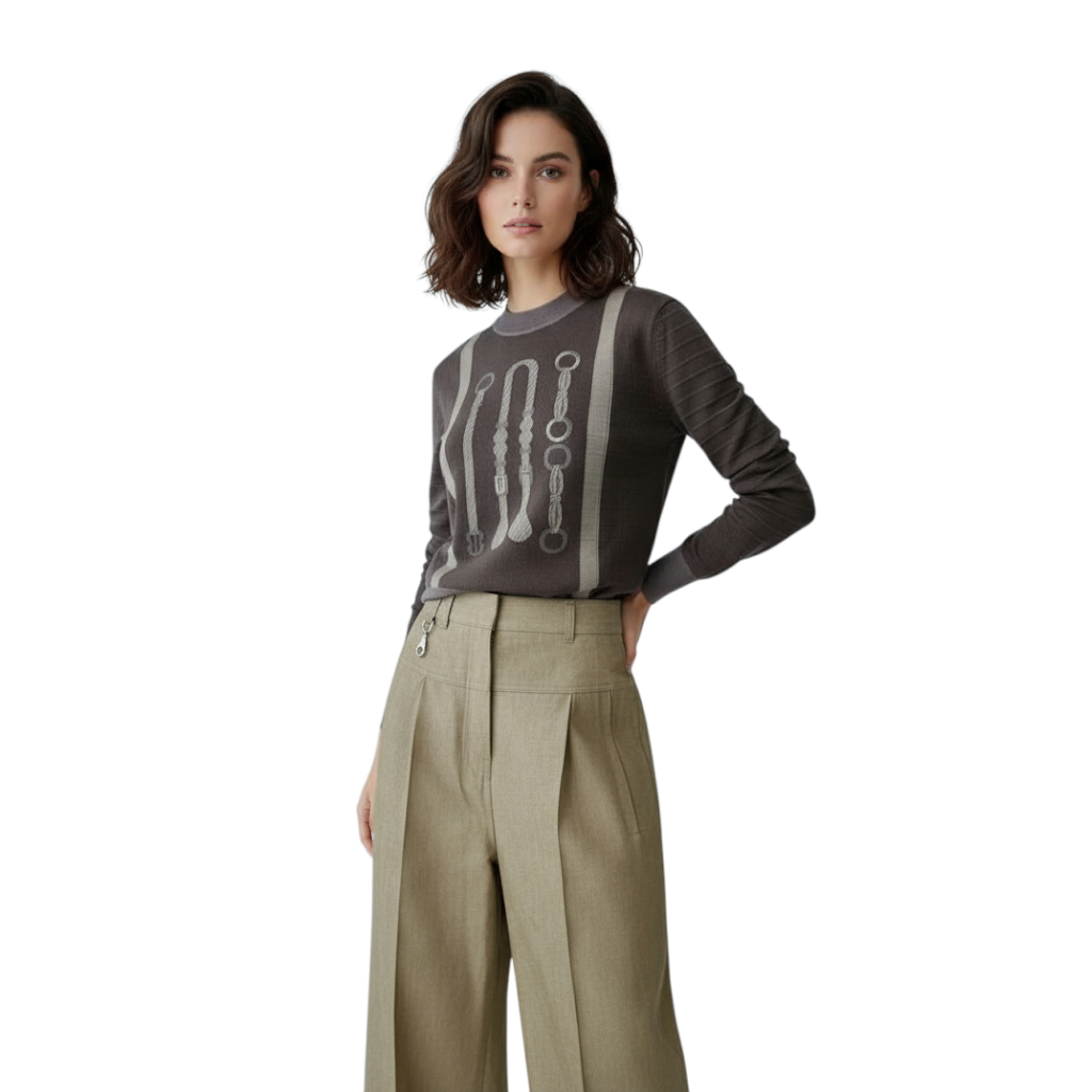 NEW Hermès SS25 Long-sleeved “Coaching” Pattern Sweater Marron Fusain - Size 36