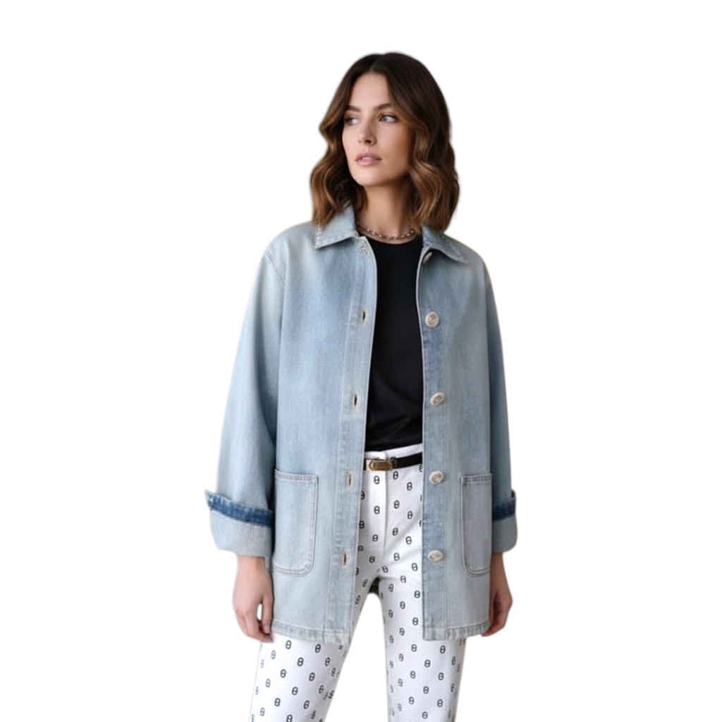 Chanel 24K Water-Repellent Coated Long Oversized Denim Jacket Light Blue Size 34