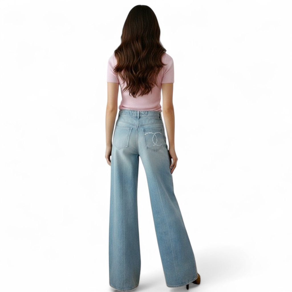 Chanel Printemps 25S CC Sequins Denim Jeans Wide Leg size 38